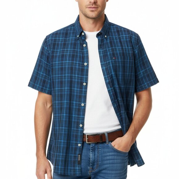Tommy Hilfiger Other - Tommy Hilfiger Men's XXL Blue & Gray Plaid Short Sleeve Button-Down 100% Cotton